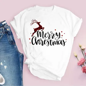 T-shirt à manches courtes blanc imprimé renne à carreaux de Noël, vêtement décontracté femme.