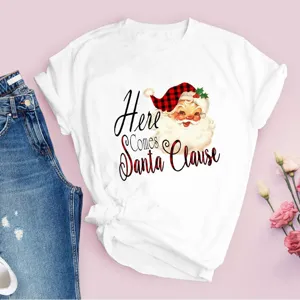 Noël Père Noël impression manches courtes t-shirt blanc pour femmes haut de vacances