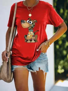 Casual red short sleeve t-shirt for women featuring cute cartoon dog graphic print summer top