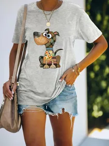 Casual grey short sleeve t-shirt featuring a cute patchwork cartoon dog print for women.