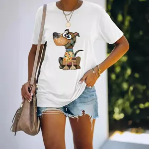 Women Casual Polyester T-Shirt Cartoon Dog Patchwork Graphic Print Short Sleeve Crew Neck Summer Fashion Basic Tee Top