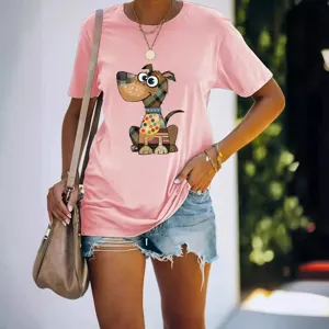 Women pink short sleeve t-shirt featuring a cute cartoon dog graphic print for casual wear.