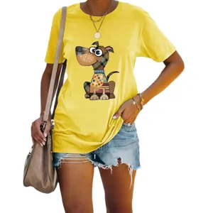 Women cute cartoon dog print short sleeve yellow t-shirt casual summer top main view