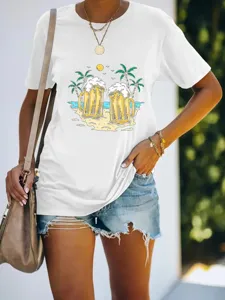 Camiseta informal de manga corta para mujer con estampado de cerveza de playa de verano.