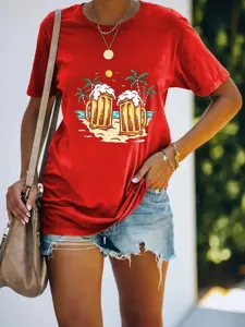 Mujer Rojo Camiseta Manga Corta Estampado Cerveza Playa Verano Casual Moda Top Chic