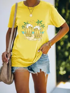 Camiseta Amarilla Manga Corta Mujer Verano Playa Cerveza Gráfico Casual Top Versátil