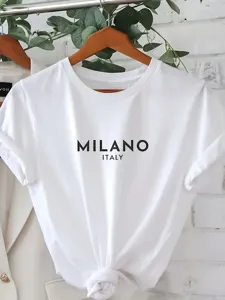 White short sleeve t-shirt for women with Milano Italy letter print casual summer top.
