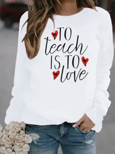 Weißer Damen Langarm Rundhals Pullover mit niedlichem Lehrer Liebe Motiv Druck Design.