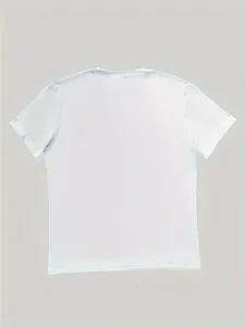 Back view detail of plain white short sleeve t-shirt, simple casual style basic top.