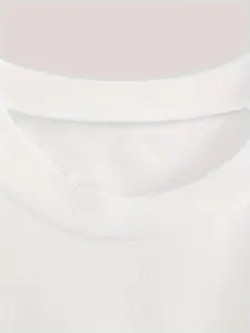 Close-up detail of a white cotton t-shirt collar, showing casual basic top fabric texture.