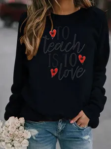 Schwarzes Langarm Sweatshirt für Damen mit Lehrer Spruch Print lässiger Pullover.