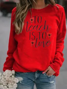 Damen roter Rundhals Pullover mit inspirierendem Spruch und Karomuster Herz Print Langarmshirt