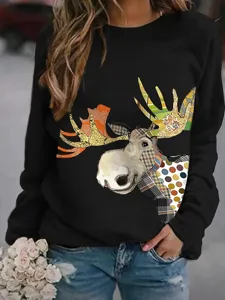 Men's Christmas Reindeer Print Fleece Sweatshirt Urban Casual Polyester Long Sleeve Round Neck Pullover Top Holiday Fashion Clothes