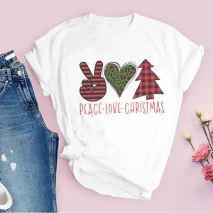 T-shirt blanc décontracté à manches courtes avec imprimé graphique de Noël festif.