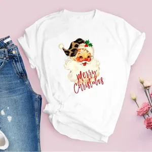 T-shirt vintage de Noël à manches courtes graphique Père Noël haut blanc femmes hommes
