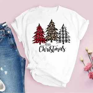 T-shirt blanc à manches courtes imprimé sapin de Noël haut de vacances femme t-shirt.