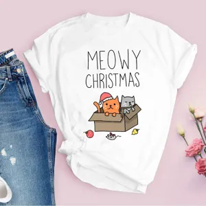 T-shirt blanc a manches courtes avec imprime graphique de chats de Noel mignons pour femme.