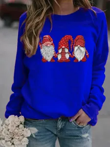 Christmas gnome graphic printed fleece sweatshirt for women, casual long sleeve crewneck blue.