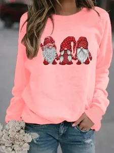 Christmas gnome print fleece sweatshirt, casual long sleeve crewneck top for women.