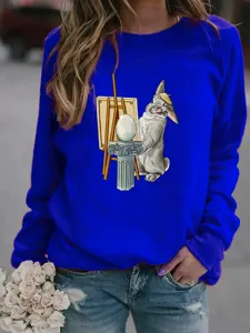 Blue long sleeve crewneck sweatshirt featuring a cute artistic rabbit print, casual and stylish.