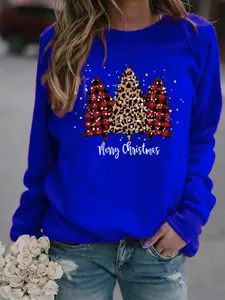 Sudadera de felpa con cuello redondo estampado leopardo árbol de navidad mujer invierno casual