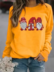 Christmas gnome print fleece sweatshirt, casual long sleeve round neck pullover top for women.