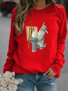 Cute rabbit print fleece sweatshirt, casual long sleeve pullover top for daily wear.