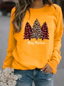Mujer Árbol de Navidad Estampado Manga Larga Forro Polar Sudadera Casual Top Detalle
