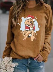 Christmas Golden Retriever Print Fleece Sweatshirt Casual Long Sleeve Crewneck Pullover Top