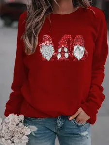 Christmas gnome print red crewneck sweatshirt for women, casual fleece long sleeve pullover.