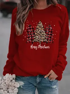 Sudadera polar con estampado de árbol leopardo cuadros de navidad rojo manga larga