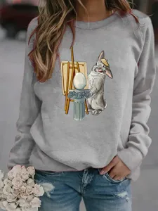 Casual gray crewneck sweatshirt with cute rabbit artist graphic print for women daily wear.