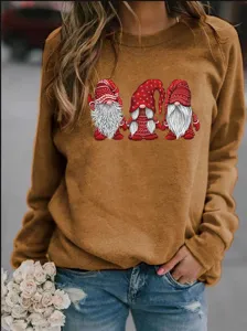 Women Christmas Gnome Print Fleece Lined Sweatshirt Casual Long Sleeve Crewneck Pullover Top