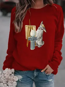 Red long sleeve fleece sweatshirt for women featuring a cute artistic rabbit graphic print.