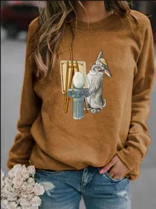 Detailed view of the cute rabbit art print fleece sweatshirt, cozy casual winter wear.