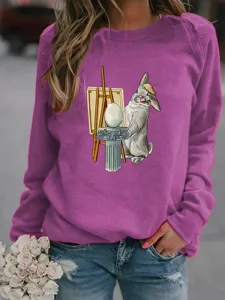 Women casual purple long sleeve sweatshirt with cute rabbit art graphic pullover top.