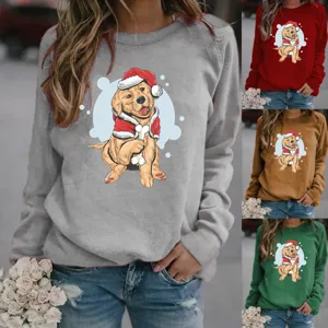 Women Christmas Golden Retriever Printed Fleece Sweatshirt Crewneck Long Sleeve Casual Holiday Pullover Winter Top