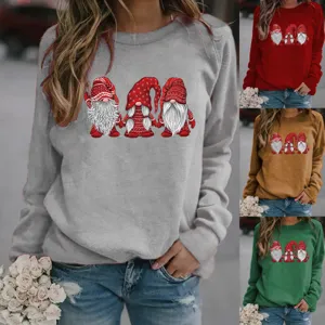 Christmas Gnome Printed Fleece Sweatshirt Top Polyester Crewneck Long Sleeve Pullover For Men Women Winter Casual Holiday Apparel
