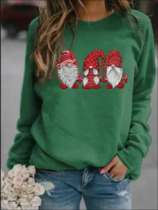 Women Christmas Gnome Print Fleece Sweatshirt Long Sleeve Casual Crewneck Pullover Top