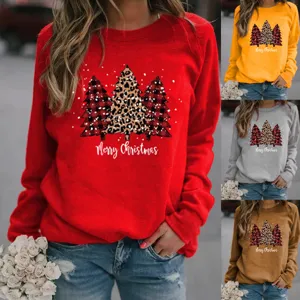 Sudadera de Navidad para Hombre Estampado de Árbol de Navidad Leopardo Cuadros Pullover con Forro de Lana Cuello Redondo Manga Larga