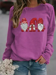 Cute Women Christmas Gnome Print Long Sleeve Fleece Sweatshirt Casual Pullover Top