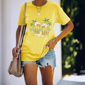 Camiseta amarilla manga corta mujer con grafico cerveza playa top casual verano diario