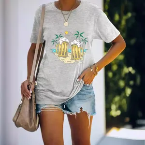 Mujeres Casual Gris Manga Corta Camiseta Verano Playa Cerveza Gráfico Top Moda Estilo