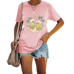 Camiseta rosa de manga corta para mujer con estampado gráfico de playa de cerveza