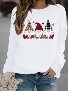 Sweat-shirt blanc à manches longues motif gnome de Noël, pull molletonné décontracté.