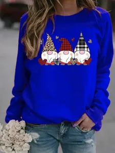 Sweat shirt bleu roi à manches longues avec imprimé gnomes, pull décontracté pour femme.