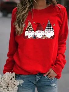 Sweat-shirt rouge à manches longues avec imprimé de gnome de Noël, pull molletonné confortable.