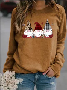 Sweat-shirt femme col rond manches longues molletonné avec imprimé des gnomes Noël.