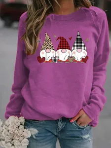 2024 Hiver Pull Polaire Imprime Gnome Casual Manches Longues Col Rond Sweat Femme
