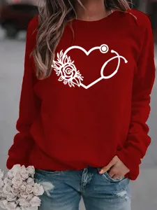 Roter langarm Fleece-Pullover mit Herz Stethoskop Blumen-Druck für lässigen Alltagsstil.